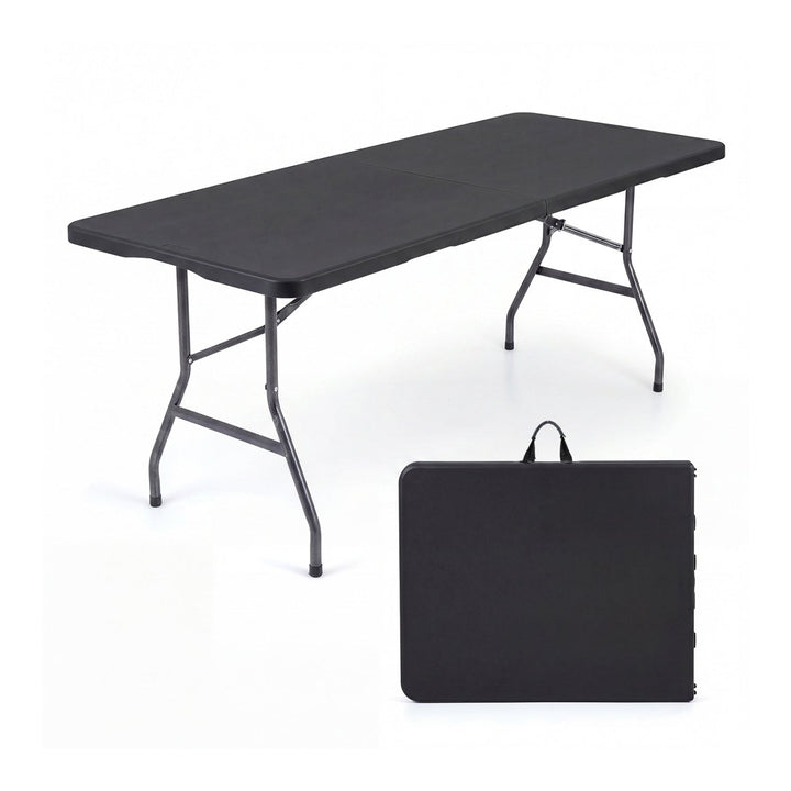 Folding camping table with rattan-texture top and dark legs; includes carrying case