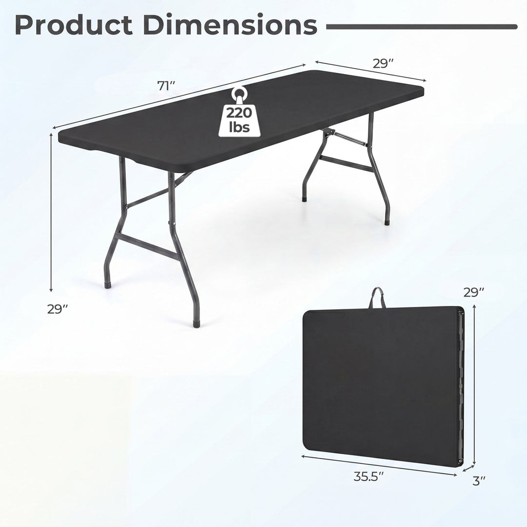 Matte black folding camping table with rattan-textured tabletop and 4 metal legs