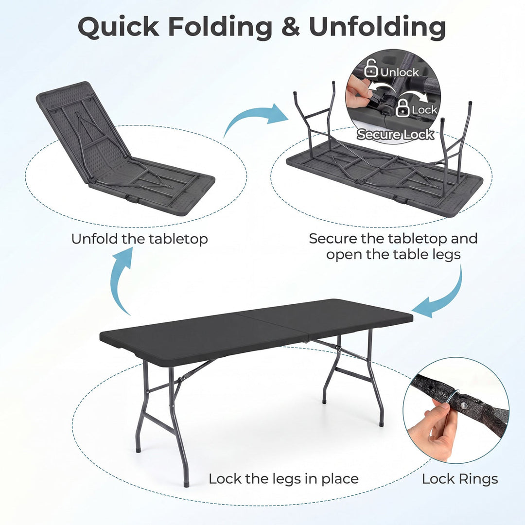 Fold-in-half camping table showing unlocked legs and rattan-textured tabletop