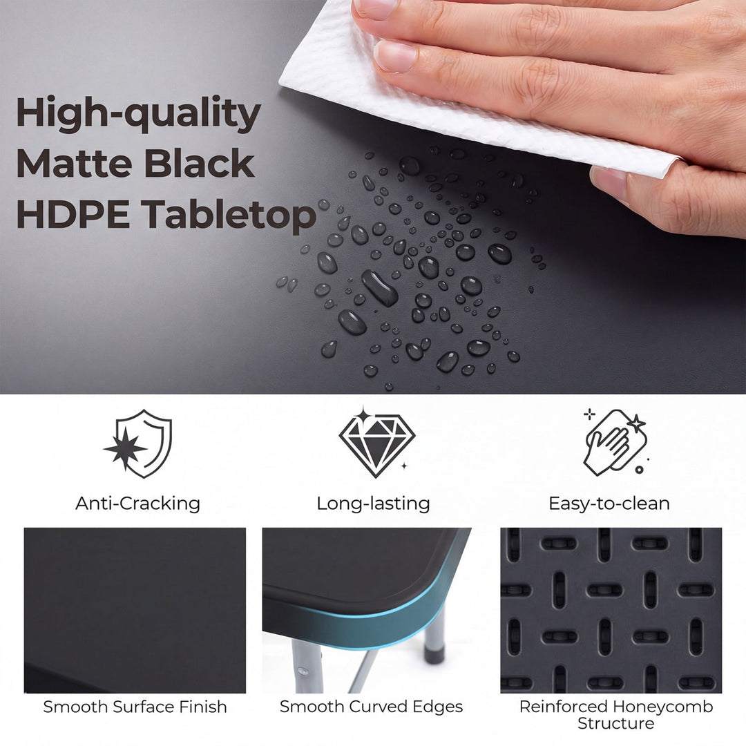 Matte black HDPE tabletop with water droplets, smooth surface on folding camping table