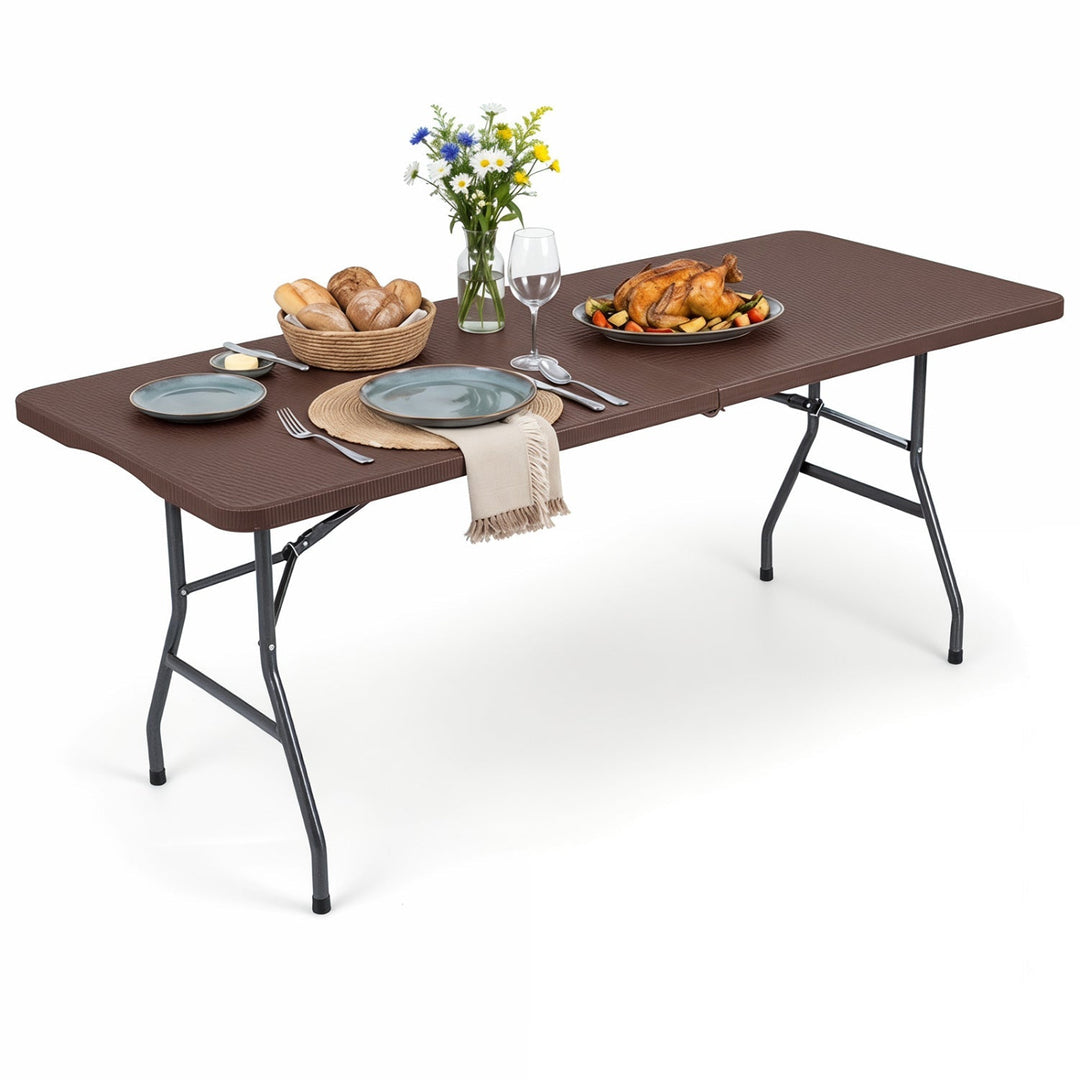 Coffee folding camping table with rattan-texture top and black metal legs