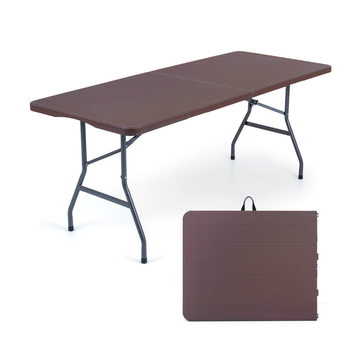 Folding camping table with rattan-texture top and dark frame; includes carrying case