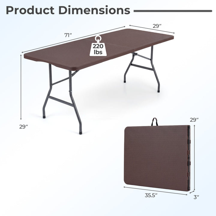 Folding camping table with rattan-texture top and dark legs; includes carrying case