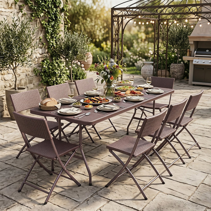 Folding camping table with rattan-texture top and metal legs, outdoor meal setup