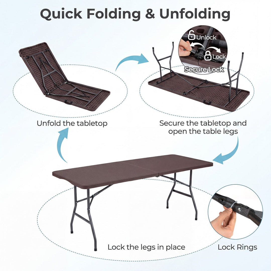 Folding camping table showing unfold-and-lock legs with secure tabletop rings
