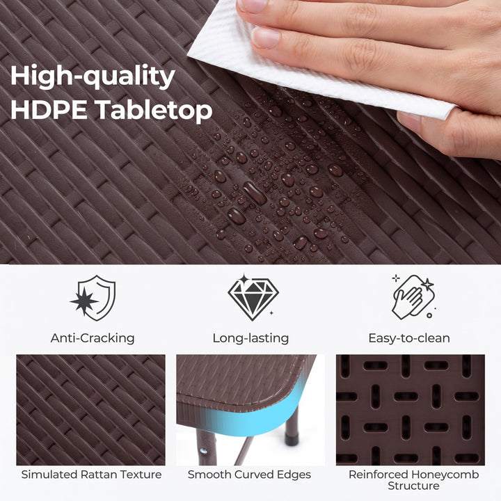 Rattan-texture HDPE tabletop with water droplets; hand wiping the surface