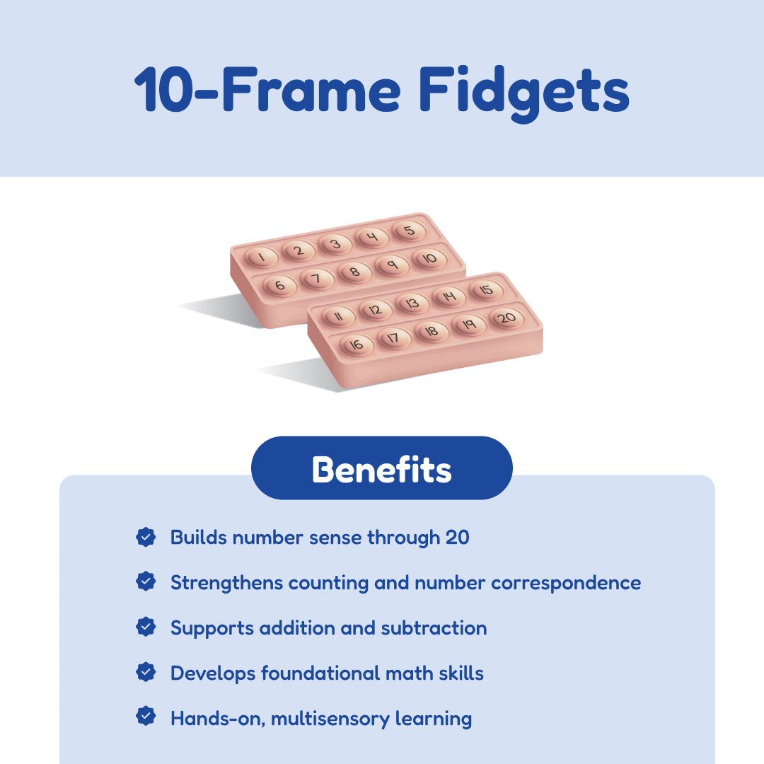 10-Frame Fidgets number tiles set in pink with benefits list