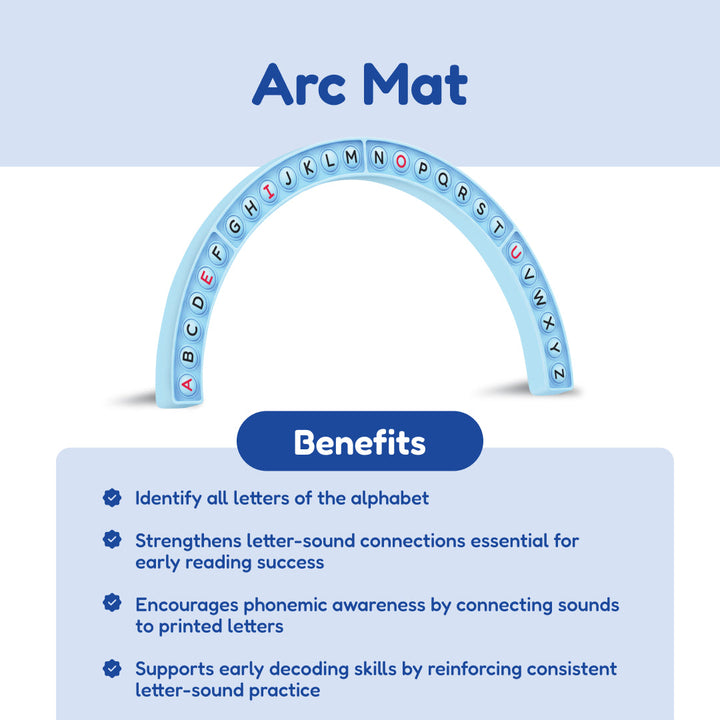Blue alphabet arc mat with letter tiles for practicing letter-sound connections
