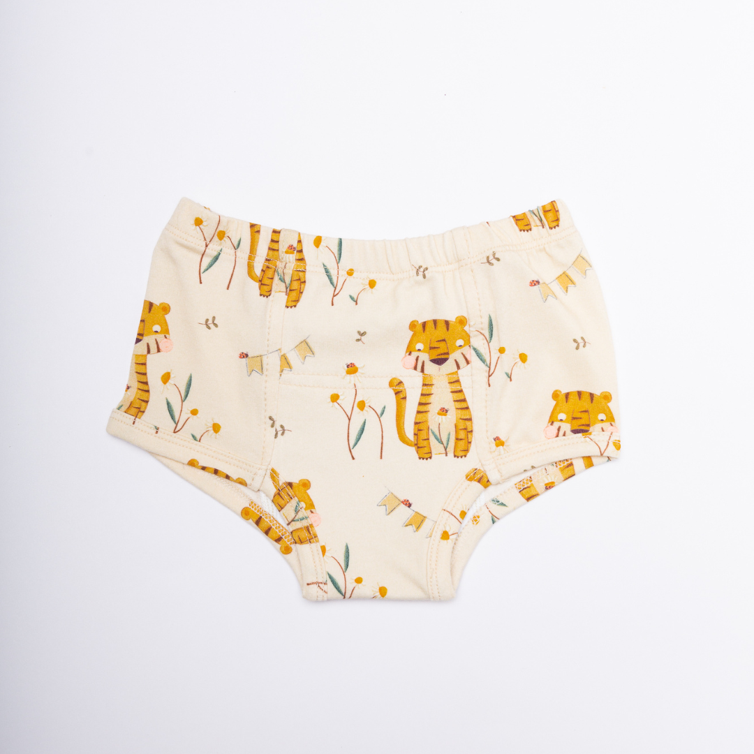Tiger-print organic cotton potty training underpants, light cream, elastic waist