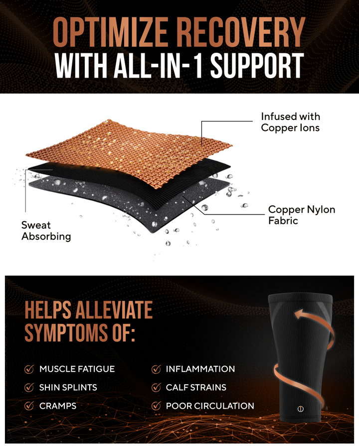 Black compression calf sleeve with copper-infused fabric layers illustration