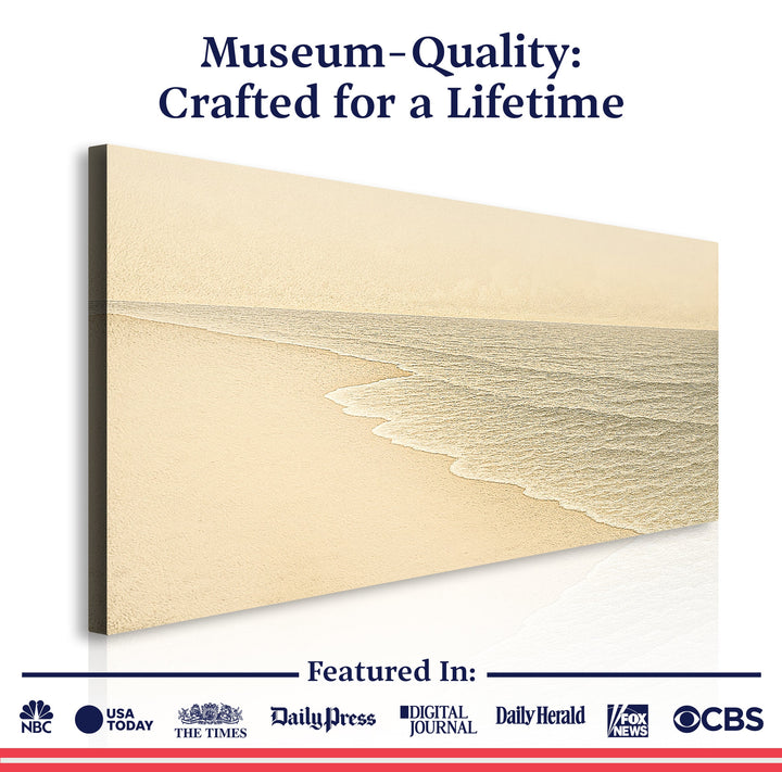 Framed beach shoreline canvas print with sand beach and textured ocean surface.