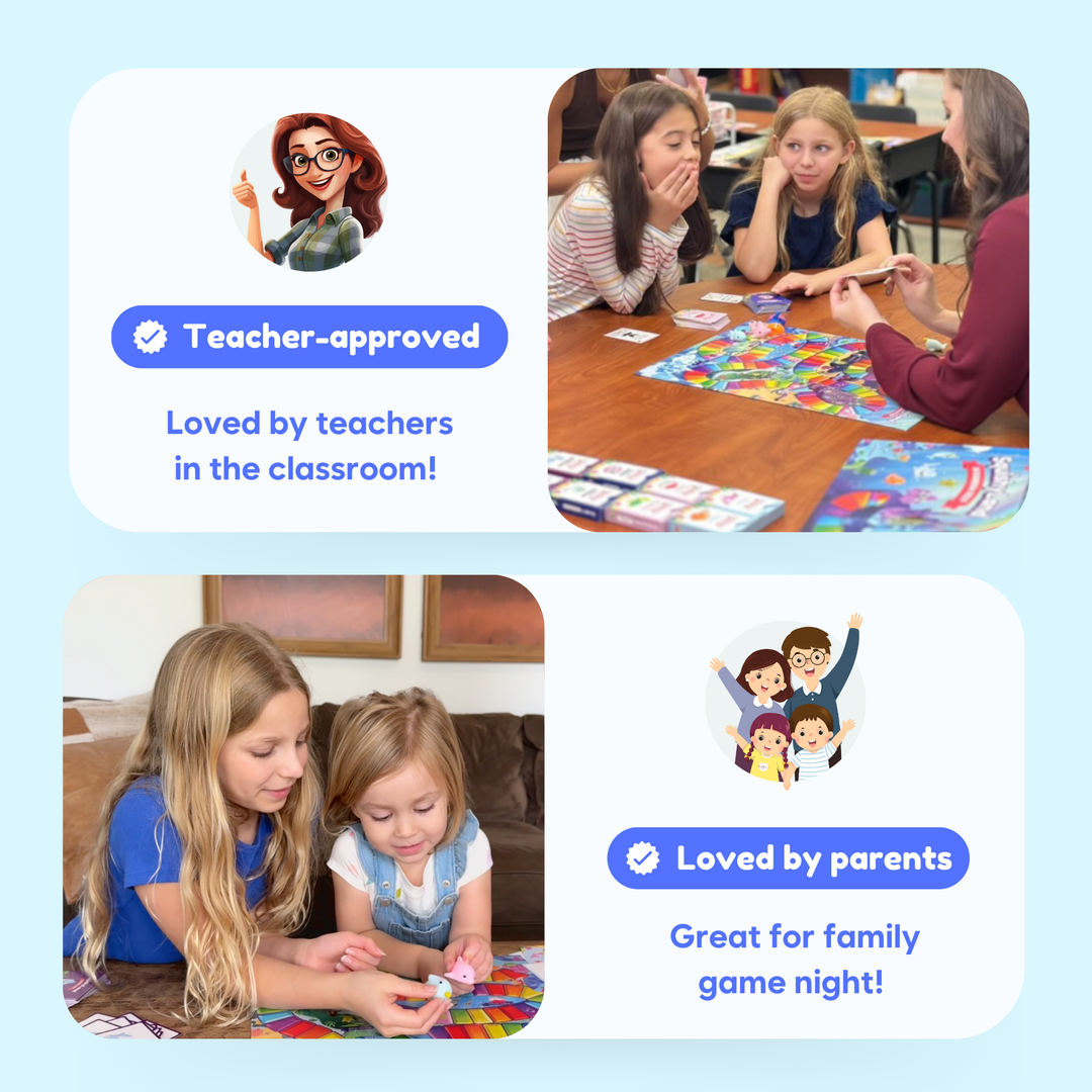 Squishyland how-to-play steps showing children choosing characters and drawing cards.
