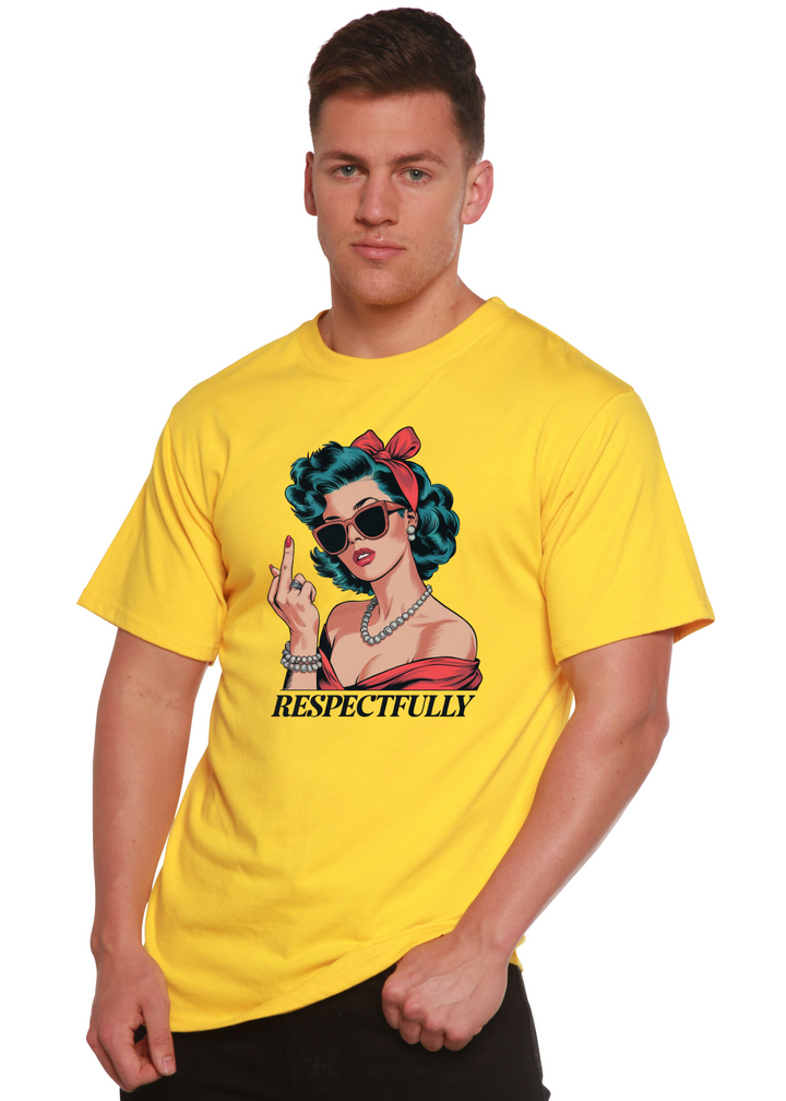 Unisex graphic T-shirt in yellow with illustrated woman and raised two-finger gesture