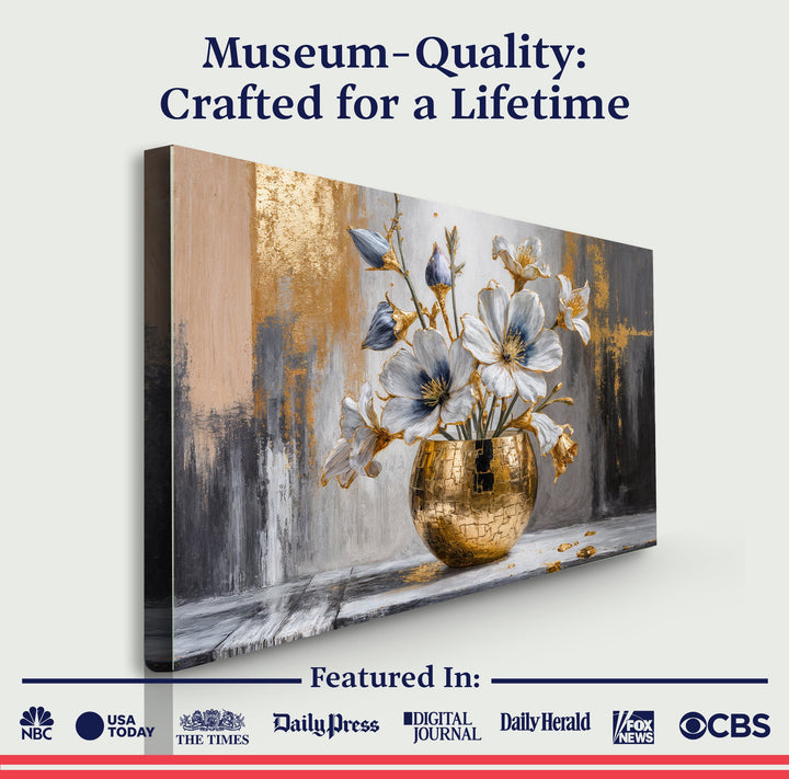 Framed abstract magnolia canvas with blue flowers and a gold vase centerpiece