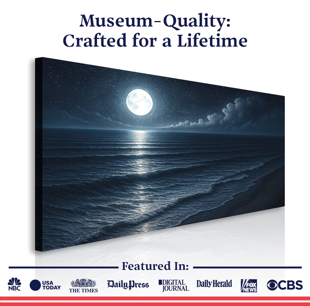 Moonlit ocean landscape canvas print with full moon and starry sky