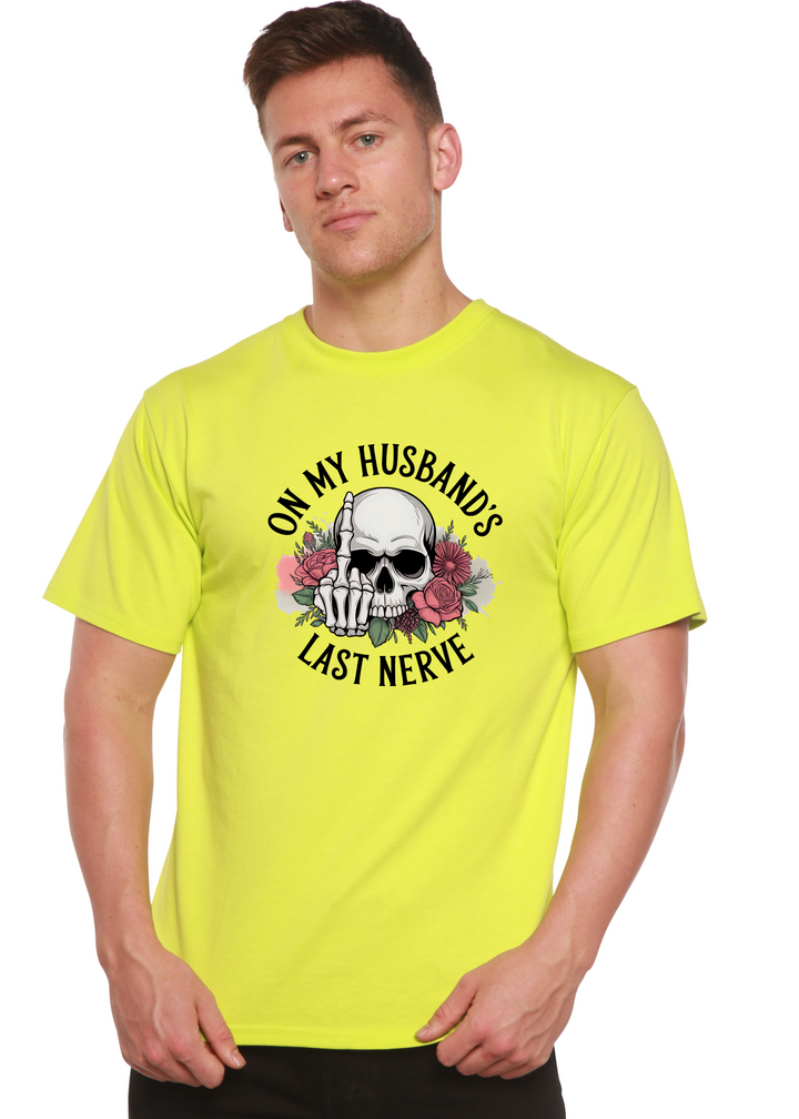 Neon yellow unisex graphic t-shirt with skull, roses, and &