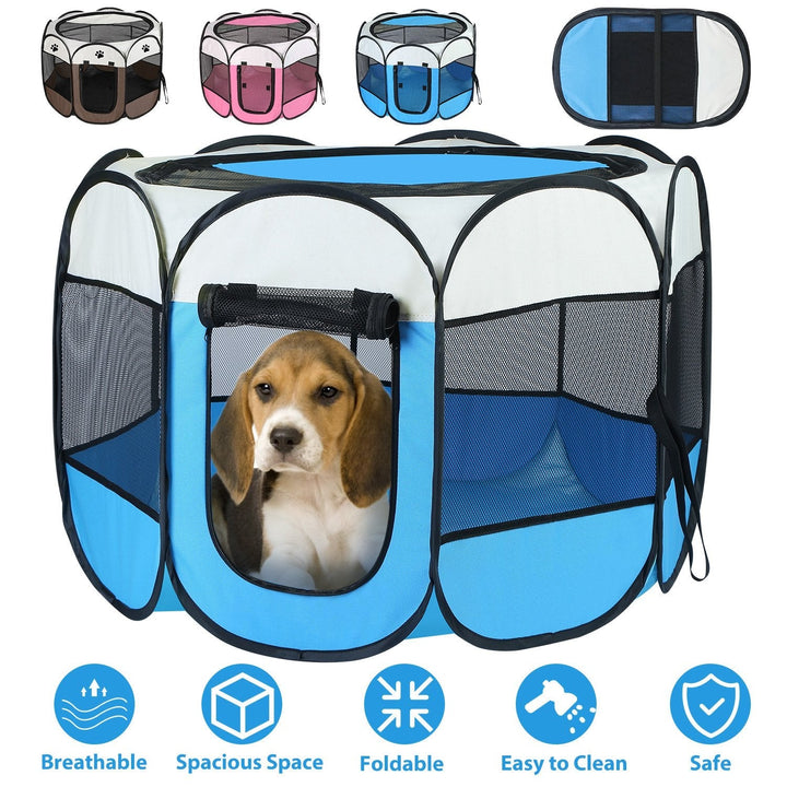 Pet tent kennel with front mesh window and zipper openings, blue, black, and white.