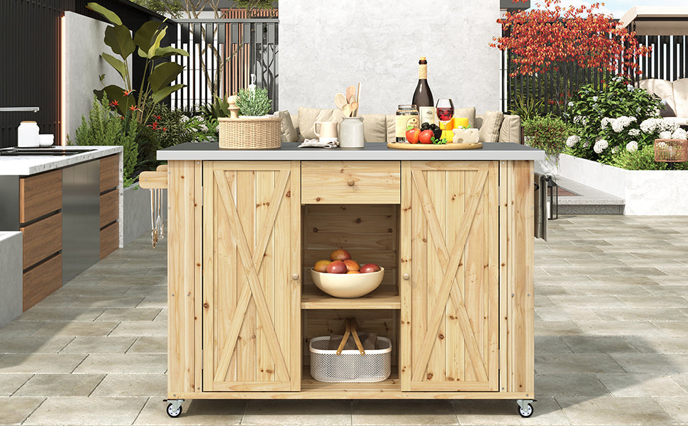 Fir Wood Kitchen Island with Stainless Steel Top