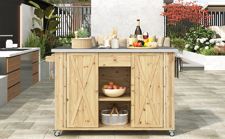 Fir Wood Kitchen Island with Stainless Steel Top