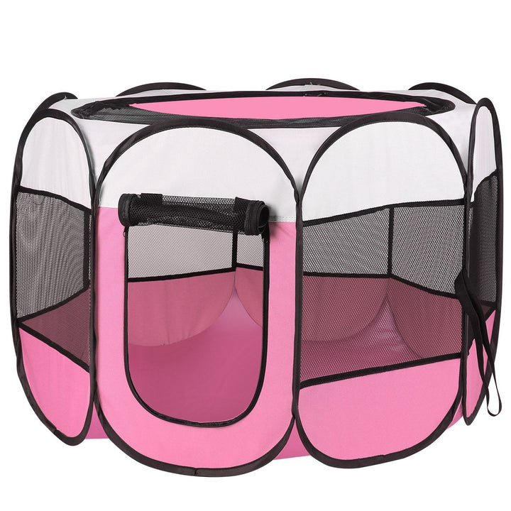 Portable foldable pet tent kennel with mesh panels and zip doors, pink and black.