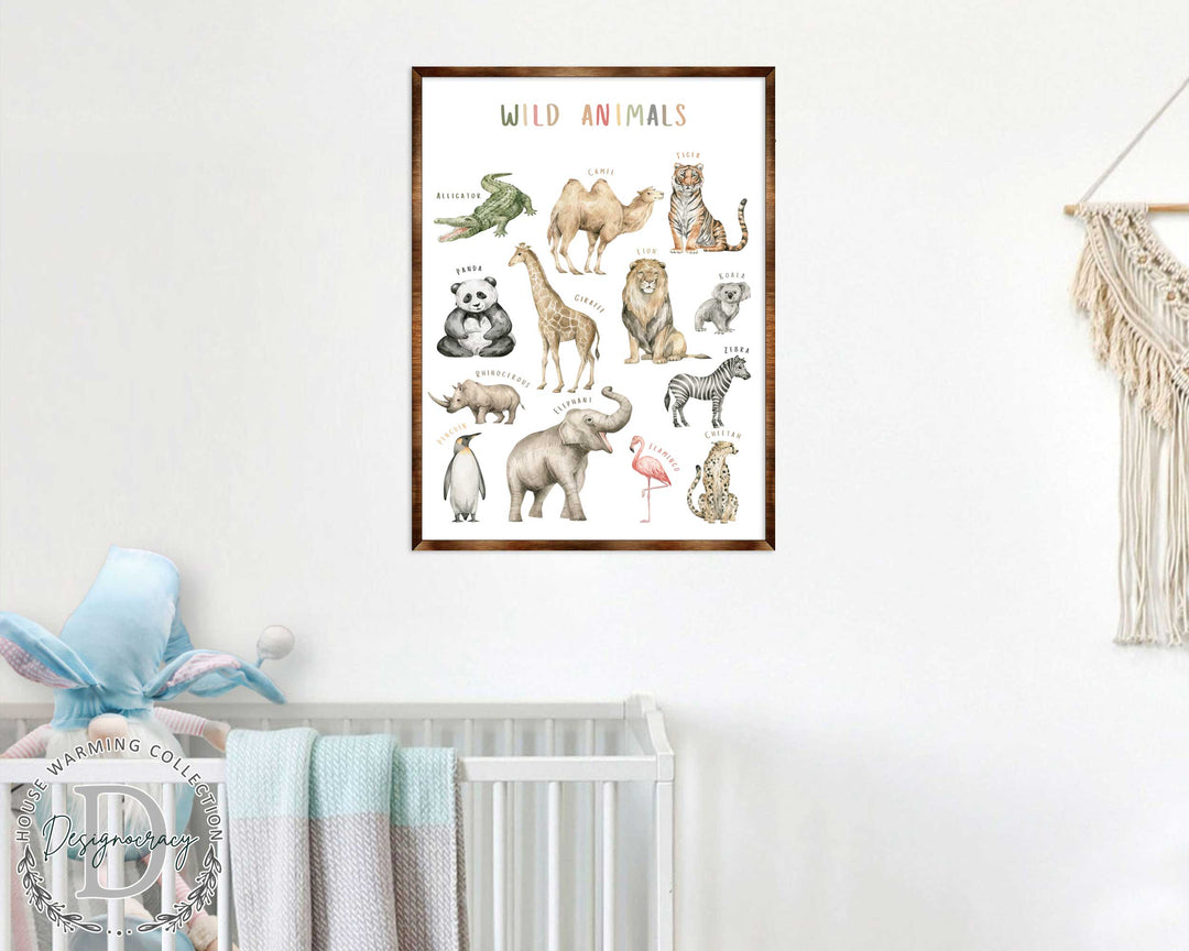 Framed wild animals poster with labeled animal drawings and "Wild Animals" text