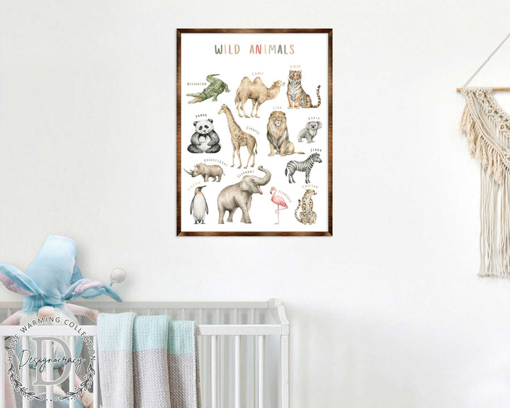 Framed wild animals poster with labeled animal drawings and "Wild Animals" text