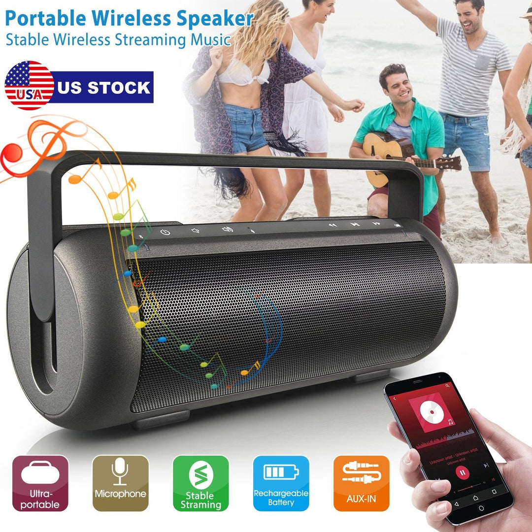 Portable wireless speaker with front grille and phone display nearby, dark gray.