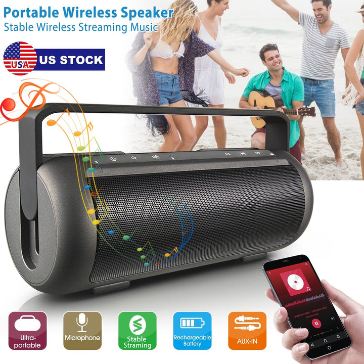 Portable wireless speaker with front grille and phone display nearby, dark gray.