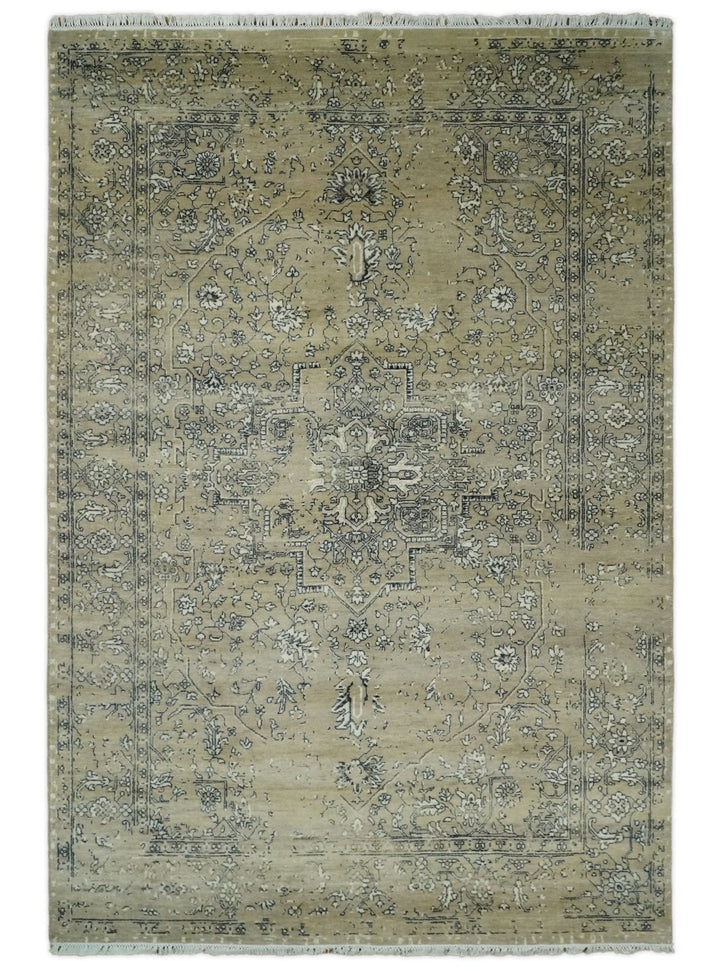 6x9 Fine Hand Knotted Beige and Black Traditional Vintage Persian Style Antique Wool Rug