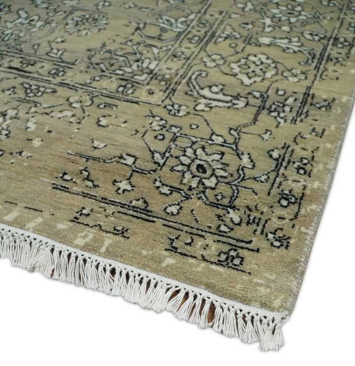 6x9 Fine Hand Knotted Beige and Black Traditional Vintage Persian Style Antique Wool Rug