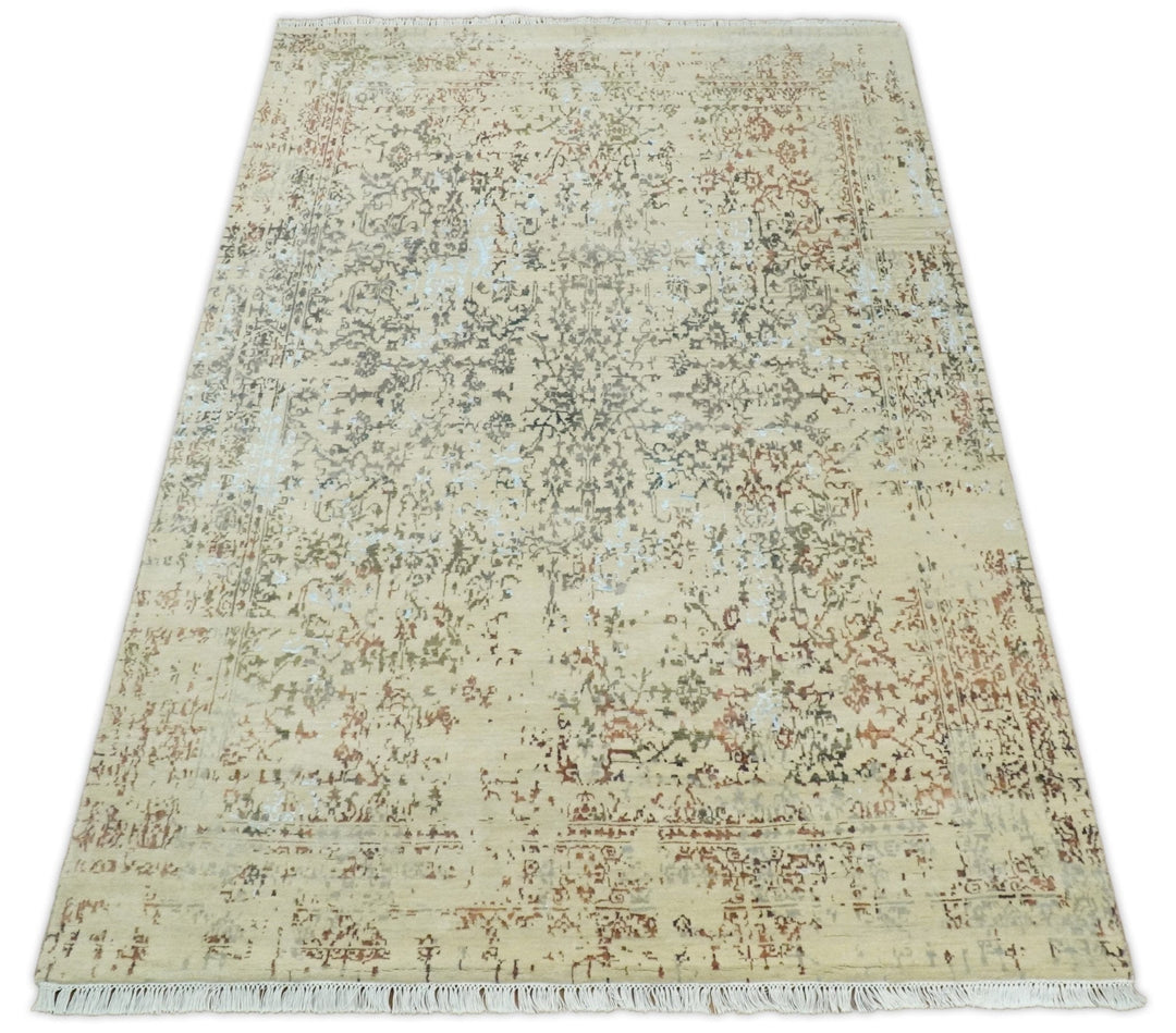6x9 Fine Hand Knotted Beige and Rust Vintage Persian Style Antique Wool and Silk Rug