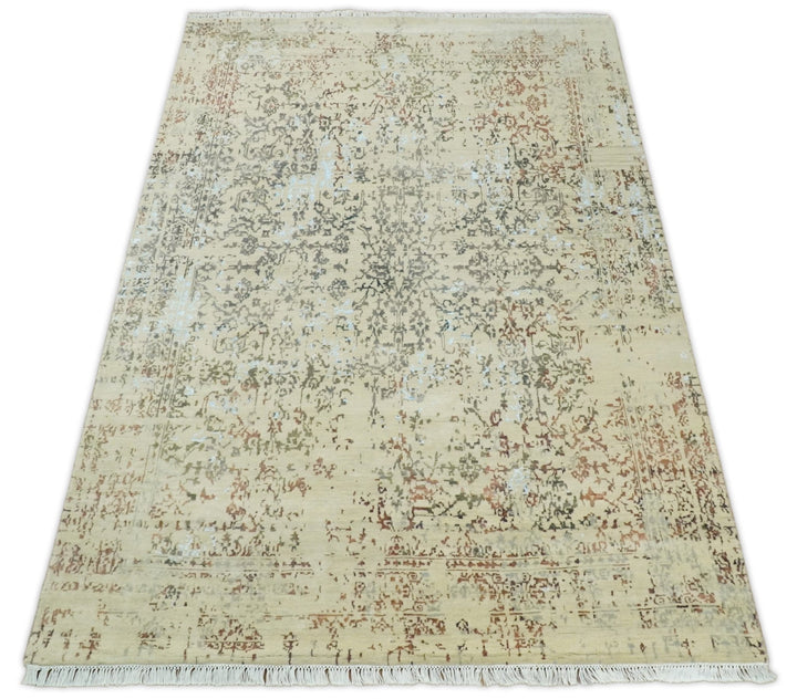 6x9 Fine Hand Knotted Beige and Rust Vintage Persian Style Antique Wool and Silk Rug