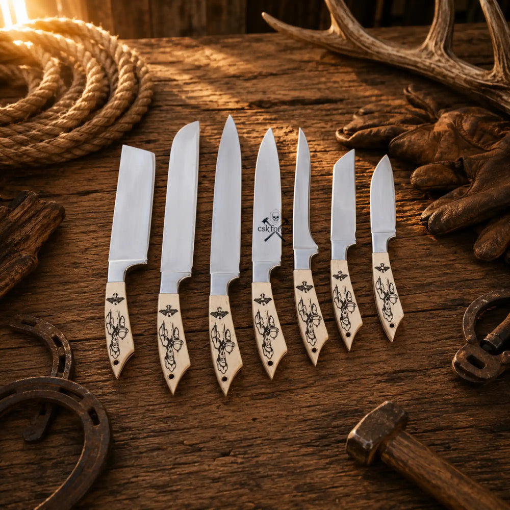 7 chef knives with light cream handles, assorted blade engravings, and sheaths