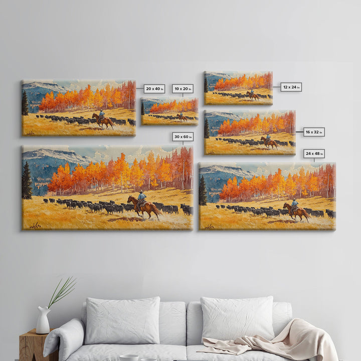 Cowboy Herding Cattle Under Mountains Framed Canvas Print Tall Art Autumn Country Landscape Fall Decor Western Wall Art Farmhouse Gift Idea