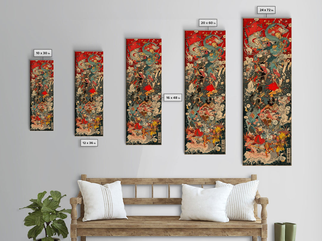 Complex Samurai Battle Scene With Mythical Creatures Framed Canvas Print Ukiyo-e Wall Art Wood Block Print Tall Art Japanese Style Skinny Art