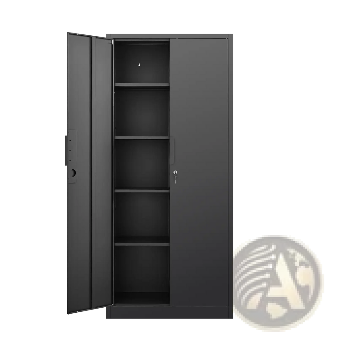 Black steel locking file cabinet with 4 shelves, left door open