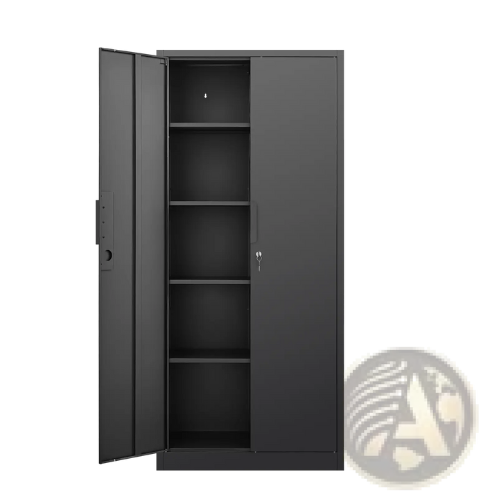 Black steel locking file cabinet with 4 shelves, left door open