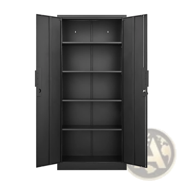 Black steel locking file cabinet with 4 shelves, doors open and interior visible