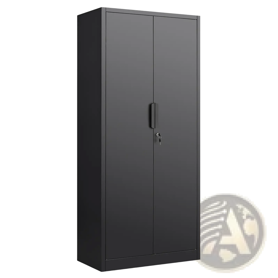 Black steel locking file cabinet with door handle and key lock, front view