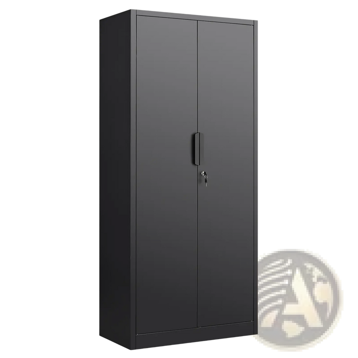 Black steel locking file cabinet with door handle and key lock, front view