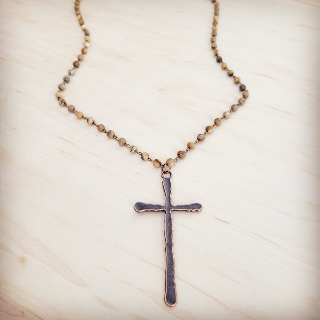 Long picture jasper beaded necklace with detailed cross pendant