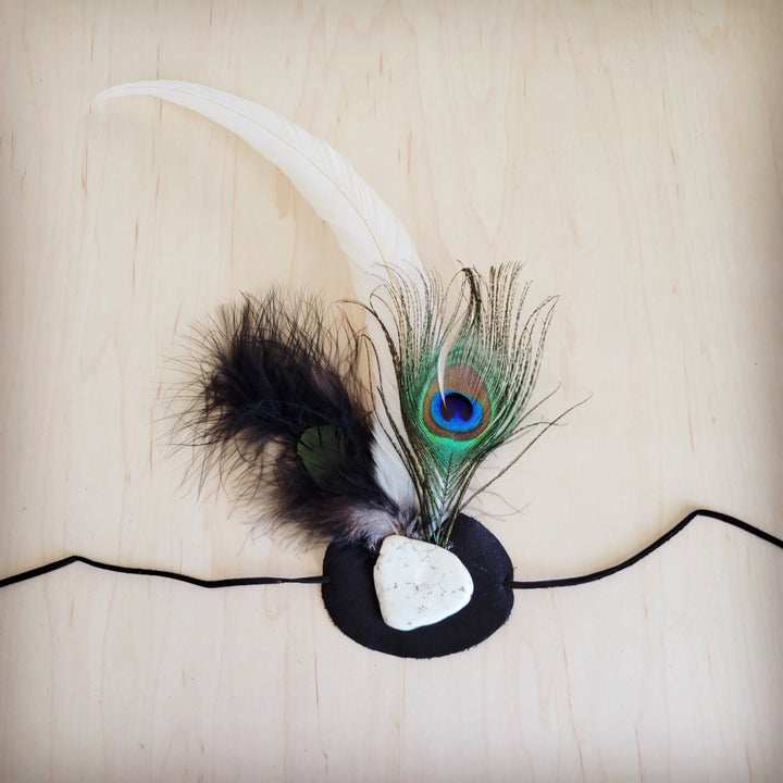 Peacock feather hat band with turquoise eye feather and black leather wrap