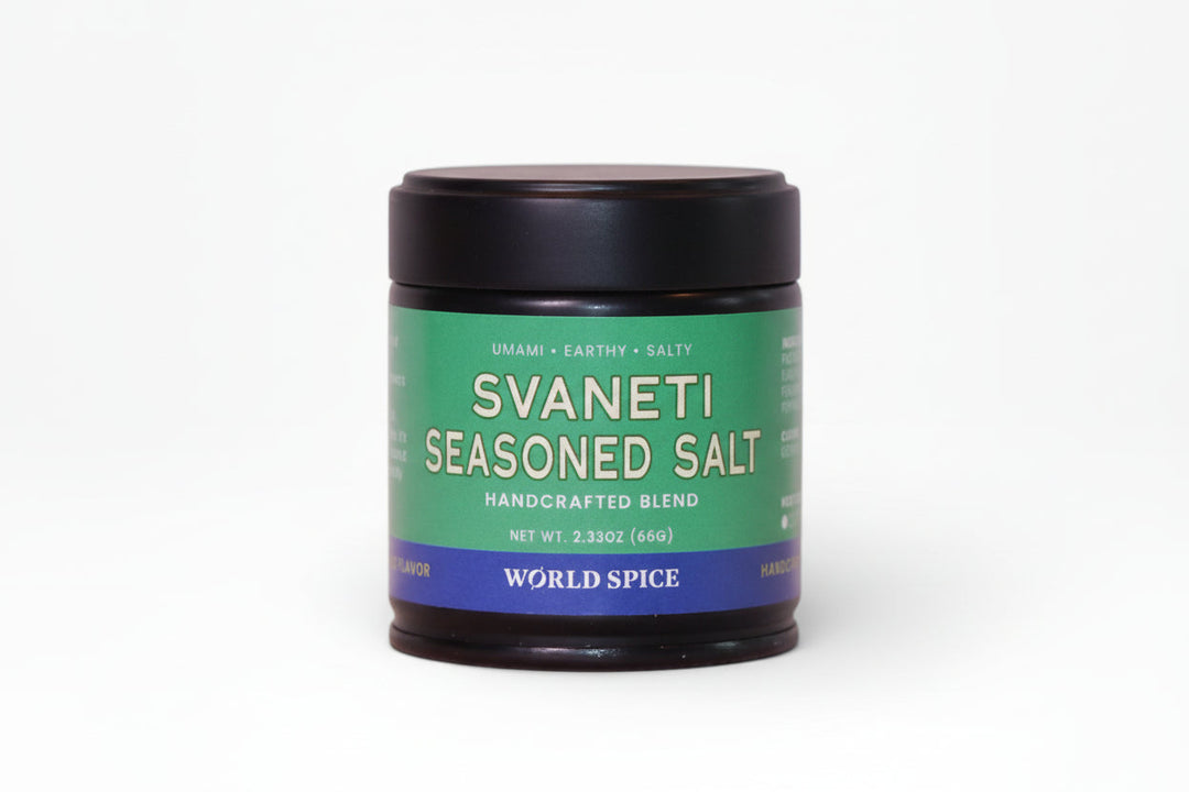 Svaneti seasoned salt jar with black lid, green label, world spice