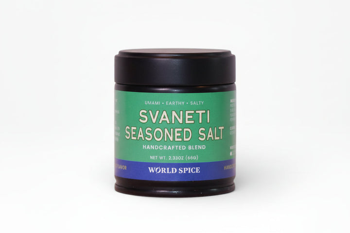Svaneti seasoned salt jar with black lid, green label, world spice