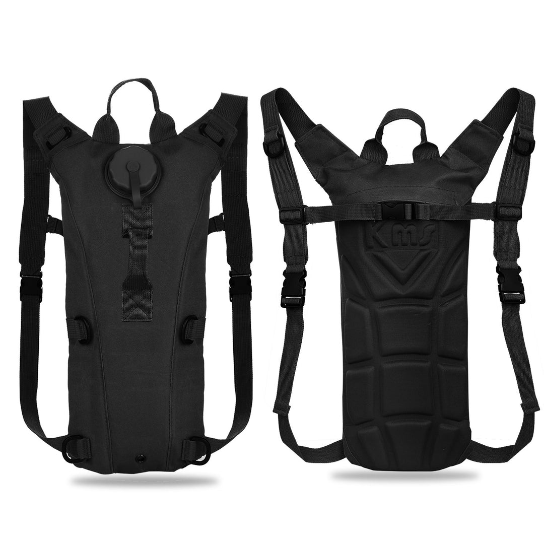 Black tactical hydration backpack with top handle, shoulder straps, and chest strap