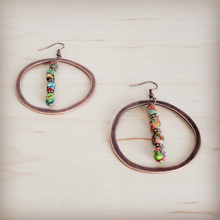 Copper hoop earrings with multicolor beaded bar dangle