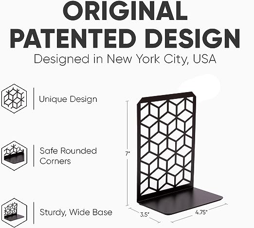 Geometric cube metal bookend pair, black frame with white patterned face and base