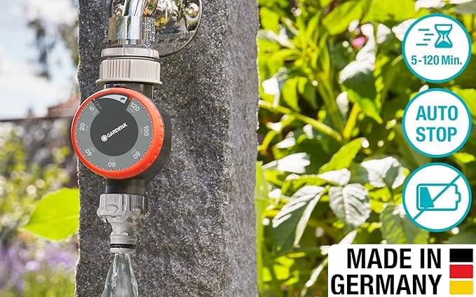 Mechanical water timer with flow dial on tap, auto-stop and 5–120 min indicators