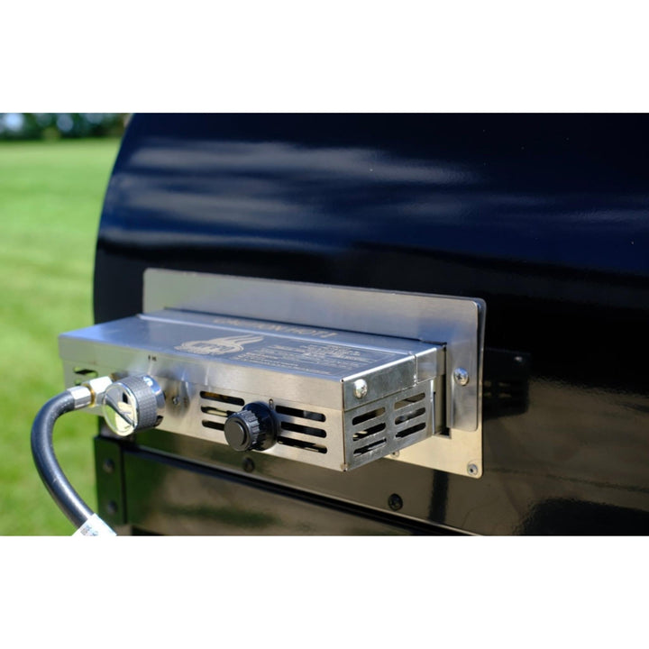Stainless gas control box with knobs and regulator attached to pizza oven body
