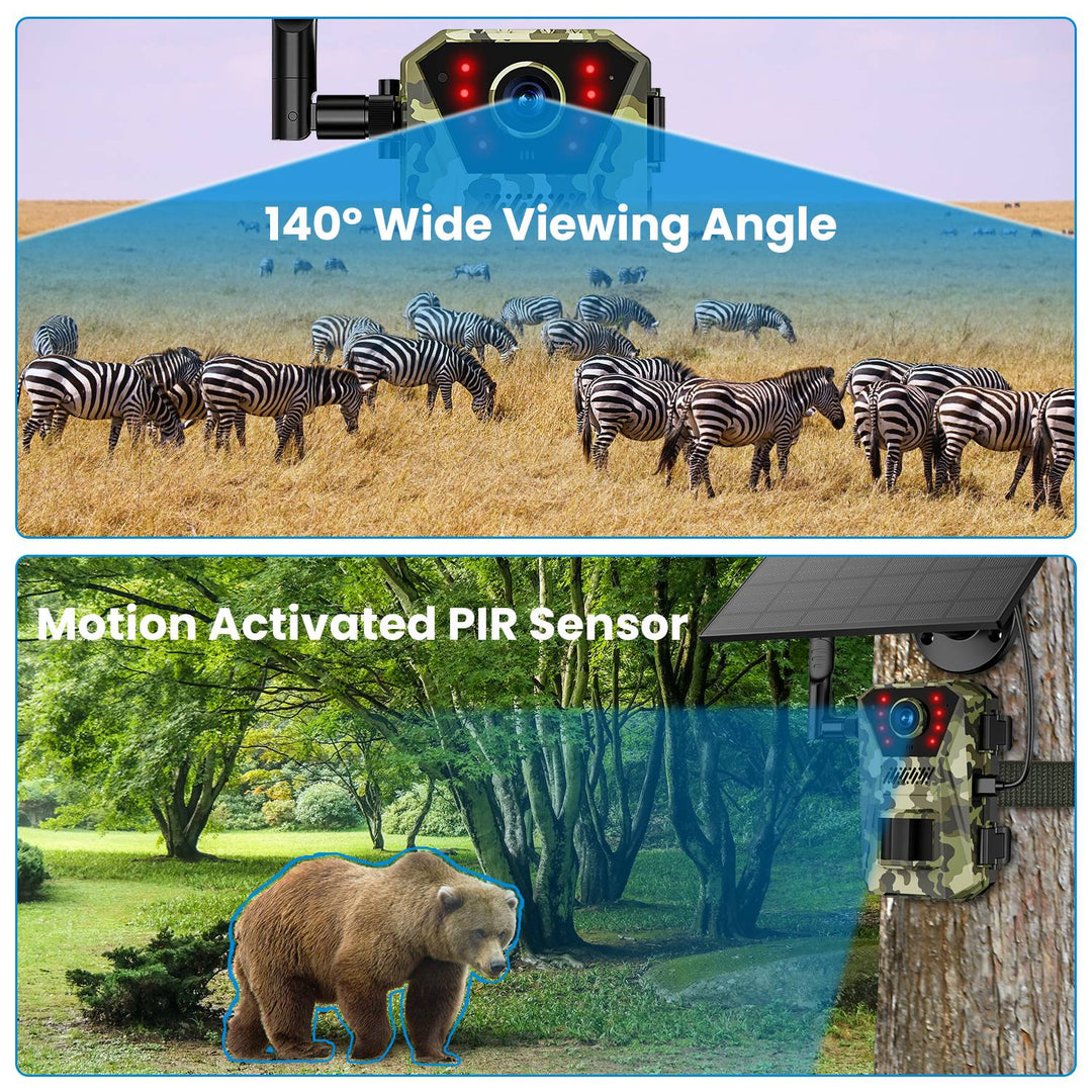 Solar trail camera showing 140° wide angle and motion-activated PIR sensor concept